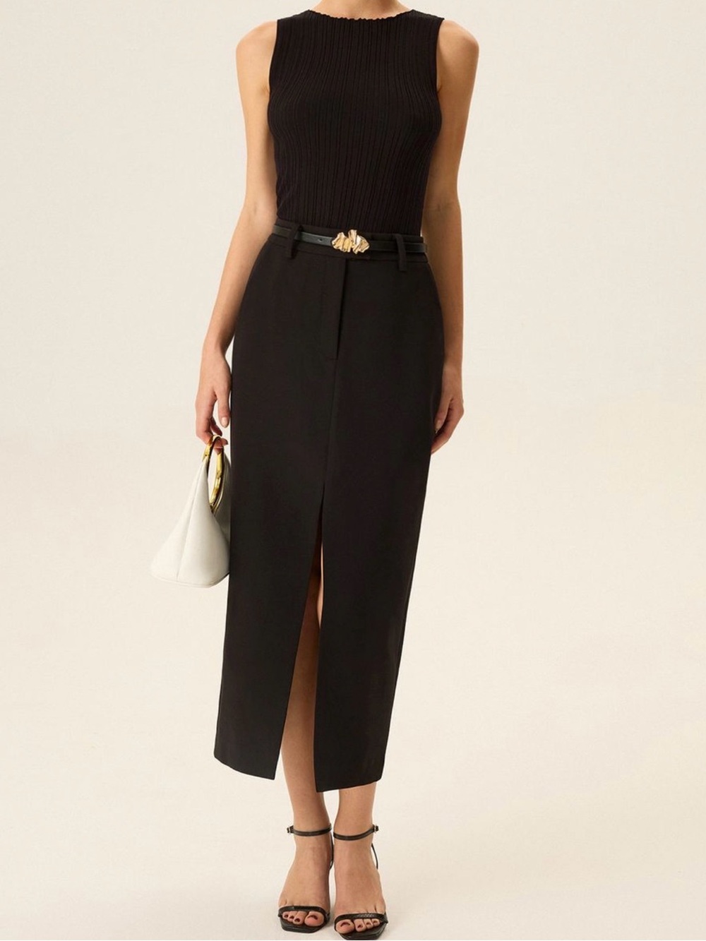 Belted Pocket Slit Midi Skirt